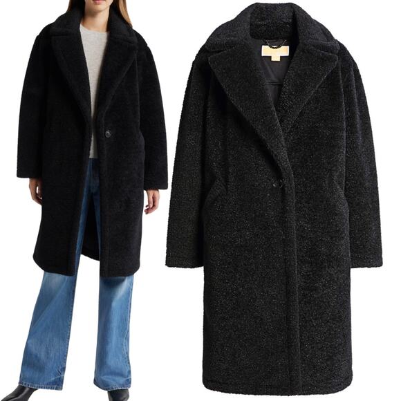 Michael Kors Black Boucle Teddy Coat Sz M | Oversized Cozy Winter Staple - Picture 1 of 16